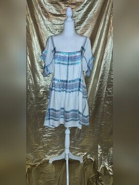 Free People White Smocked Square-Neck Mini Dress with Blue Metallic Stripes